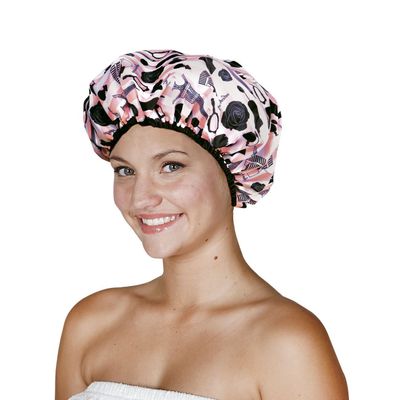 Reusable Nylon Shower Cap &amp; Bath Cap, Reversible Oversized Waterproof Shower Caps Large Designed for all Hair Lengths w Terry Lining &amp; Elastic Band Stretch Hem Hair Hat - Socialite Boudoir