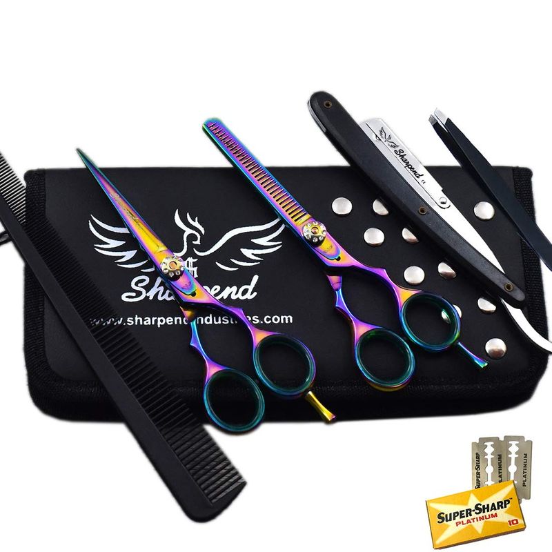 Hair Cutting Scissors Multi color Thinning Teeth Shears Set Professional Barber Hairdressing Salon Razor Edge Scissor Japanese Stainless Steel 5.5 inch,Smooth Motion &amp; Mustache &amp; Beard Grooming