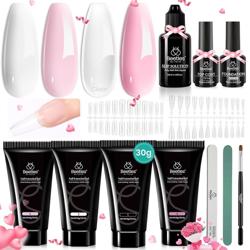 Beetles Poly Nail Extension Gel Kit, 4 Colors Pink White Poly Nail Gel Builder Sheer Pink Nail Gel Clear Nail Art Kit with Poly Brush &amp; Slip Solution Nail Salon All In 1 Kit Valentine's Gift for Women