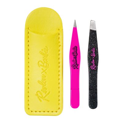 Revlon x Barbie Mini Tweezer Set, Stainless Steel Hair Removal Makeup Tool, includes Slant Tip &amp; Pointed Tip Tweezers in Travel Case