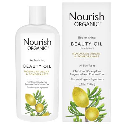 Nourish Organic Beauty Oil - Replenishing Body Oil with Moroccan Argan Oil, Pomegranate, Rosehip Oil &amp; Vitamin E, 3.4 Oz + Washable Cotton Round.