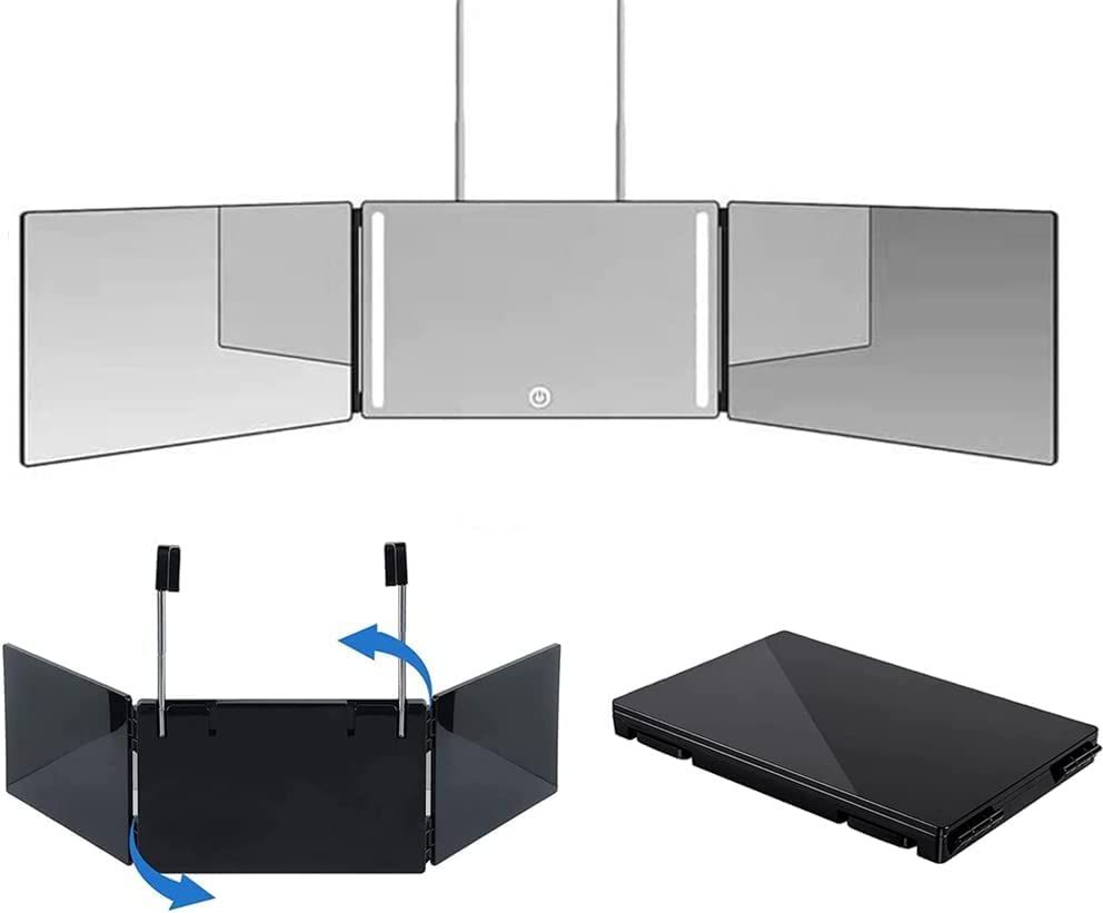 3 Way Trifold Mirror with LED Light for Self Hair Cutting &amp; Styling, Shaving, Grooming, Dye Hair and Makeup, 360 Barber Mirror with Adjustable Height Brackets