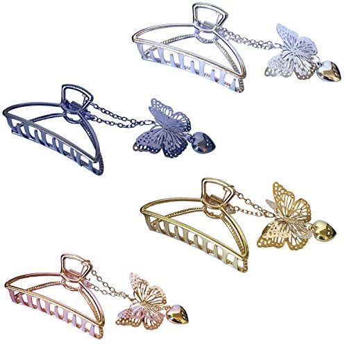 TANG SONG 4PCS Metal Hair Claw Clips with Butterfly and Heart Pendant Hair Catch Barrette Jaw Clamp for Women Half Bun Hairpins for Thin Hair(Silver+Gold+Rose Gold+Black)