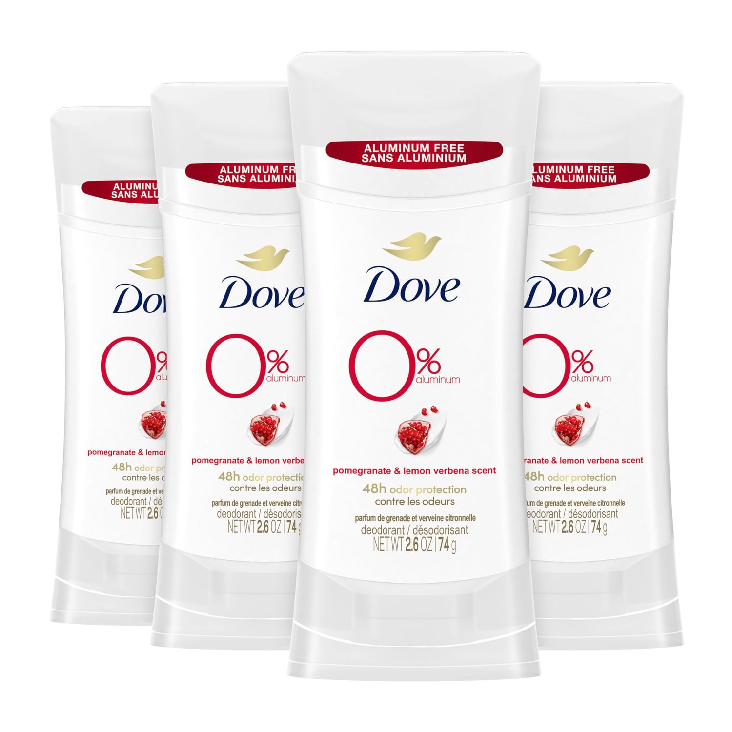 Dove 0% Aluminum Deodorant Stick Pomegranate and Lemon Verbena 4 Count Non-irritating Deodorant for Underarm Care Kindest Aluminum free Deodorant 2.6 oz