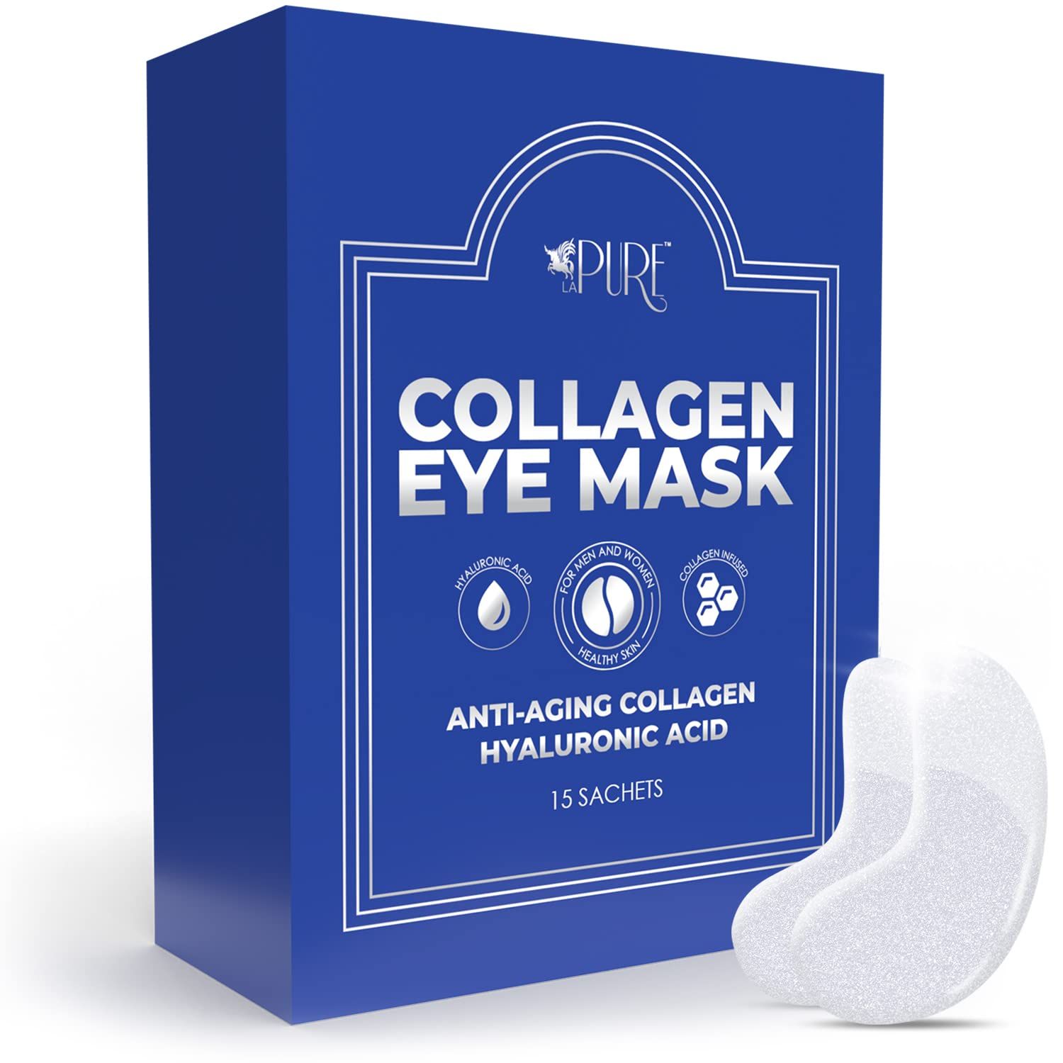 LA PURE Collagen Boosting Eye Mask Patches Under Eye Patches for Puffy Eyes Hyaluronic Acid Dark Circles Bags Lines Anti Wrinkles Anti Aging Hydrating Moisturizing Brightening Eye Gels 15ct