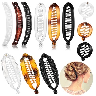 Chuangdi 12 Pcs Banana Hair Clips for Women Classic Clincher Double Combs Large Fishtail Hair Clip Banana Ponytail Holder Clip, 4 Styles(Tortoiseshell Color, White, Clear, Black)
