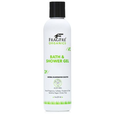 FRAGFRE Organic Shower Gel 8 oz - Fragrance Free Sulfate Free Parabens Free - for Normal and Dry Sensitive Skins - Gluten Free Vegan Cruelty Free - Organic Aloe Vera Bath Shower Gel - pure Natural