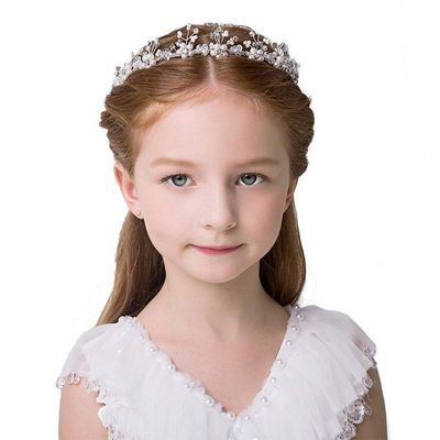 Flower Girl Hair Accessory, Pearl Headband Princess Wedding Headpiece Crystal Headwear for Wedding Tiara Hair Pieces Baby Girl-Suitable for Shows, Children&#39; Day(White)