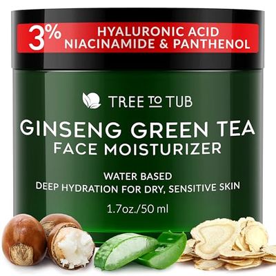 Tree to Tub Hydrating Face Moisturizer for Dry &amp; Sensitive Skin - Water Based Hyaluronic Acid Facial Moisturizer, Moisturizing Face Cream for Women &amp; Men w/Organic Aloe, Green Tea, Natural Ginseng