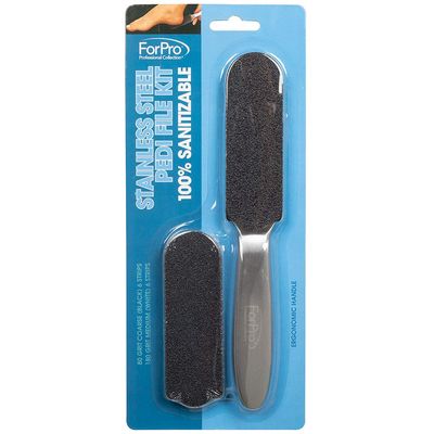 ForPro Professional Collection Stainless Steel Pedi File Kit - 100% Sanitizable Pedicure File for Heels and Feet - Includes Six Black 80 Grit and Six White 180 Grit Refill Strips- 8.5&quot; L