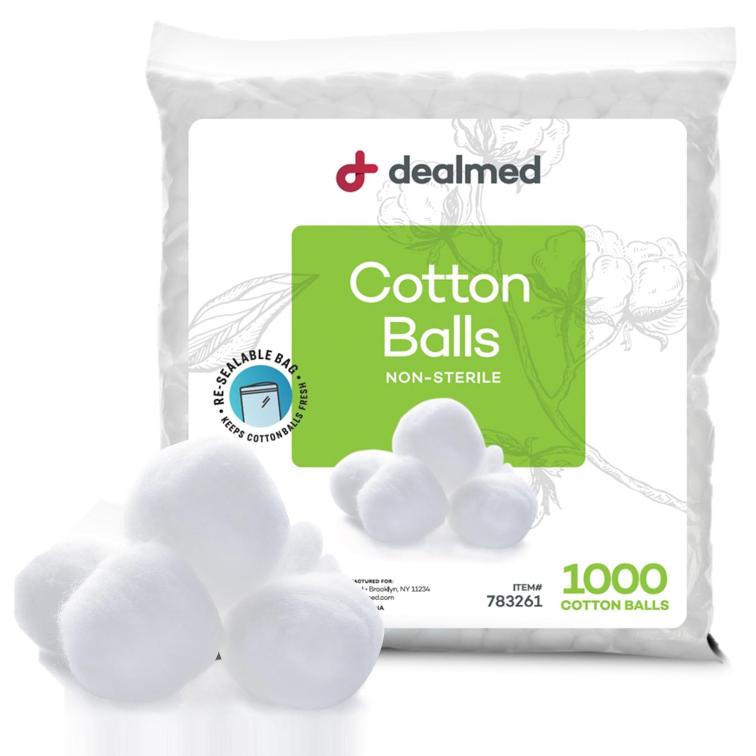 Dealmed 1000 ct. Cotton Balls for Face, Makeup, Medical Uses, &amp; DIY Crafts | Non-Sterile Bulk Pack | Resealable Zip-Locked Bag | 100% Pure Cotton, Soft, Absorbent, Gentle (Pack of 1)