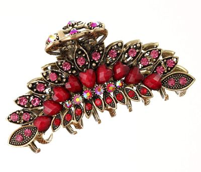 Numblartd Vintage Chic Metal Alloy Imitation Turquoise Rhinestone Fancy Non-Slip Hair Claw Jaw Clips Pins - Women Fashion Retro Large Size Hair Catch Hair Updo Grip for Thick Hair (Red)