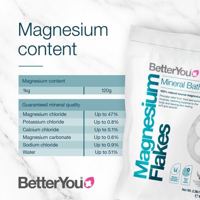 BetterYou Magnesium Mineral Bath Flakes - Mineral Bath Salts with Magnesium Chloride - Foot Bath or Body Bath Soak - Safe On Sensitive Skin - 2.3 lb