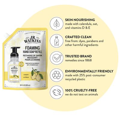 J.R. Watkins Foaming Hand Soap Refills, All Natural, Alcohol-Free Hand Wash, Cruelty-Free, USA Made, Moisturizing Hand Soap Refill for Bathroom or Kitchen, Lemon 28 fl oz Foam Soap Refill, 6 Pack