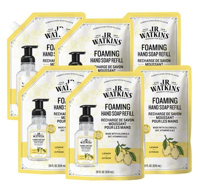 J.R. Watkins Foaming Hand Soap Refills, All Natural, Alcohol-Free Hand Wash, Cruelty-Free, USA Made, Moisturizing Hand Soap Refill for Bathroom or Kitchen, Lemon 28 fl oz Foam Soap Refill, 6 Pack