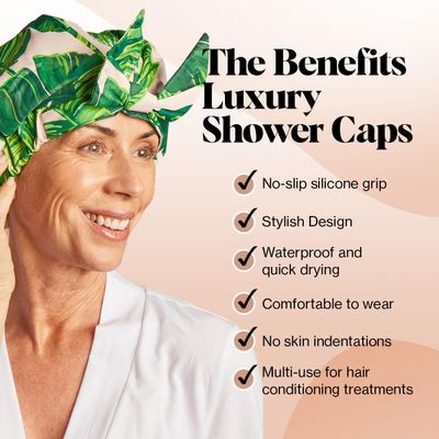 Kitsch Luxury Shower Caps for Women Reusable Waterproof - Large Shower Cap for Women and Men, Non-slip, Quick-dry Hair Cap for Long &amp; Short Hair, Comfortable and Stylish Design - Palm Leaves