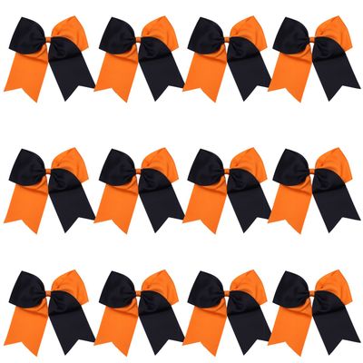 8 Inch 2 Colors Jumbo Cheerleader Bows Ponytail Holder Cheerleading Bows Hair 12 Pcs (Orange/Black)