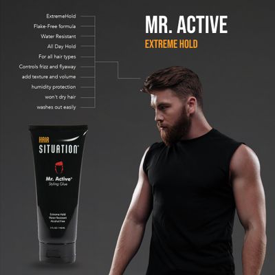 Hair Situation Mr. Active Hair Gel Styling Glue for Extremely Strong Maximum Hold with a Powerful Anti-Humidity Anti Frizz Shield, Alcohol-Free and a Non-Flaking Formula, For All Hair Types 5 Fl Oz