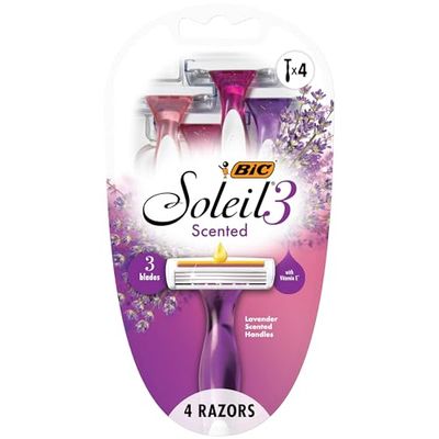 BIC Soleil Smooth Scented Women&#39;s Disposable Razors with 3 Blades, Lavender Scented Handles and Comfortable Grip, Perfect Stocking Stuffer, 4 Count