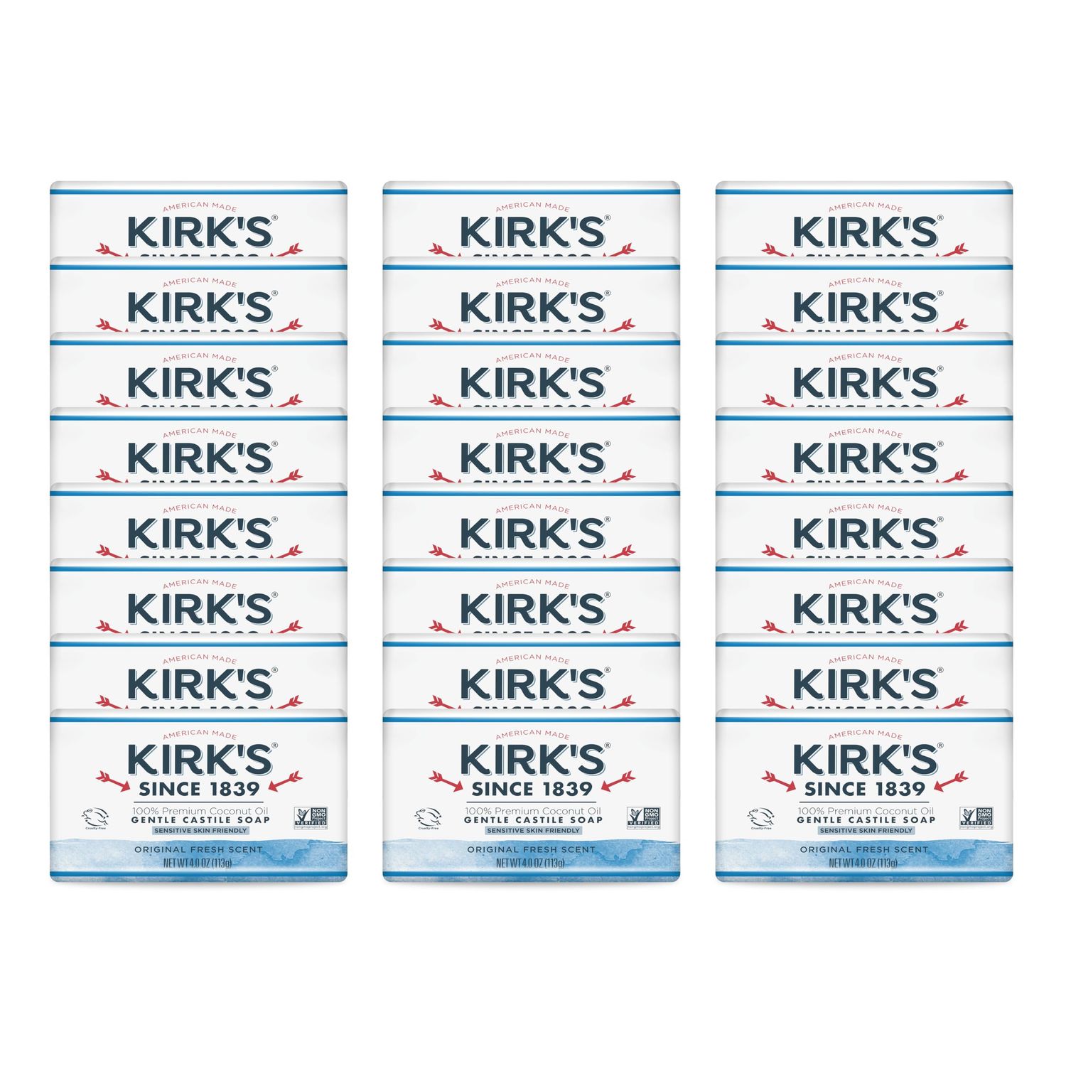 Kirk&#39;s Castile Bar Soap for Men, Women &amp; Children - Made with Premium Coconut Oil, Sensitive Skin Formula, Vegan, Non GMO, Original Fresh Scent, 4 oz. Bars, 24 Pack