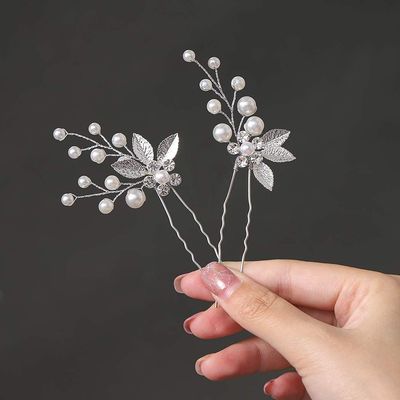 Heread Pearl Bride Wedding Hair Pins Silver Leaf Bridal Hair Pieces Crystal Hair Accessories for Women and Girls (Pack of 2)