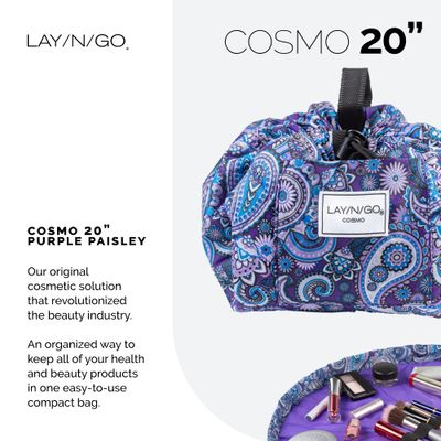 Lay-n-Go Cosmo Drawstring Cosmetic &amp; Makeup Bag Organizer - Portable Drawstring Makeup Bag w/Zipper Pocket, Makeup Loops &amp; More - Durable, Machine Washable Makeup Bag for Travel (20, Purple Paisley)