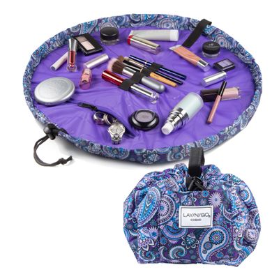 Lay-n-Go Cosmo Drawstring Cosmetic &amp; Makeup Bag Organizer - Portable Drawstring Makeup Bag w/Zipper Pocket, Makeup Loops &amp; More - Durable, Machine Washable Makeup Bag for Travel (20, Purple Paisley)
