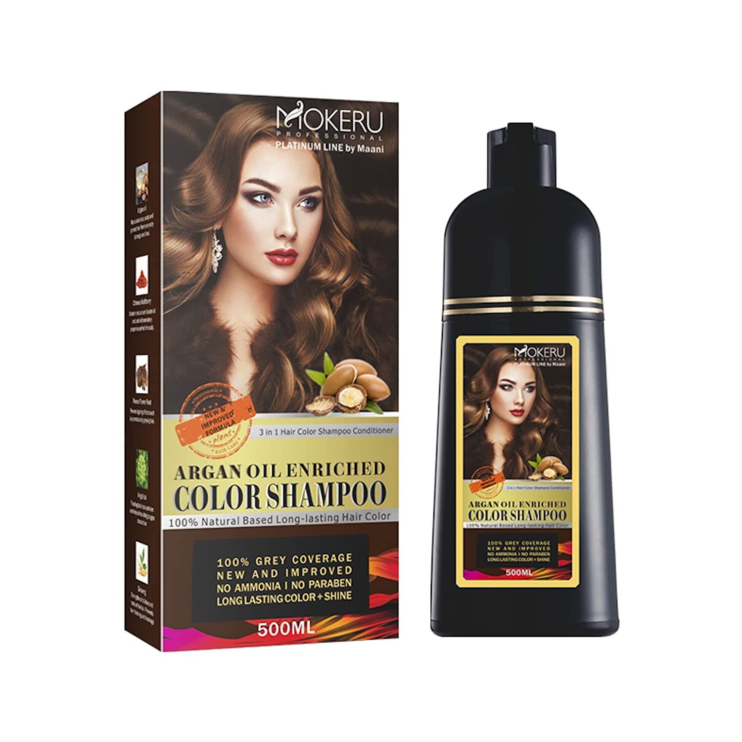 MOKERU Professional Argan Oil Hair Dye Color Shampoo 500 ML I New &amp; Improved Formula Ammonia Free Paraben Free I Instant Fast Acting Long Lasting Signature Platinum Line by Maani (Light Brown)