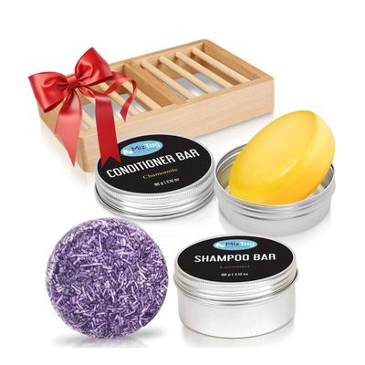 Shampoo and Conditioner Bar Set for Hair - 5pcs with Holder &amp; Travel Tins - Vegan, Sulfate-Free, Paraben-Free - Eco-Friendly Gift for Women