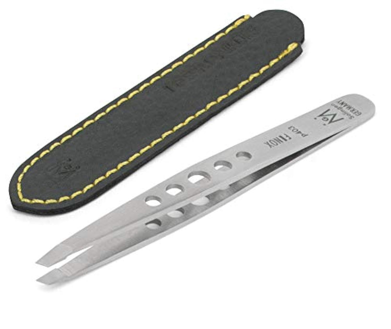 GERMANIKURE Professional Perforated Slanted Tweezers - FINOX Stainless Steel sharp tweezers in Leather Case - Professional Tweezers -Easy to use best tweezers- Ethically made in Solingen Germany 4403