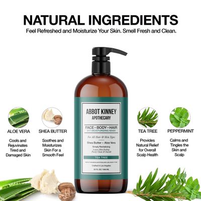 ABBOT KINNEY APOTHECARY Men's 3-in-1 Wash, Moisturizing Shampoo, Conditioner, and Body Wash for Men, Suitable for All Skin and Hair Types, 32oz (Tea Tree)