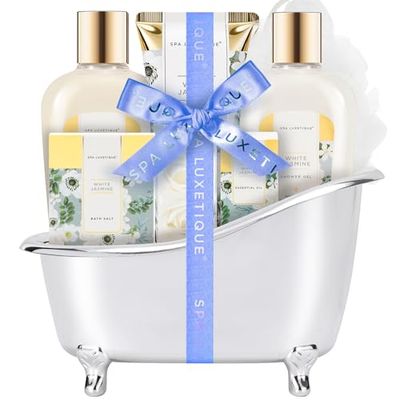 Spa luxetique Spa Gifts for Women 8pcs Jasmine Bath and Body Gift Sets with Bubble Bath Gift Baskets for Women Bath Gifts for Women Christmas Gifts for Women