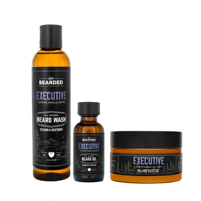 Live Bearded: 3-Step Beard Grooming Kit - Executive - Beard Wash, Beard Oil and Beard Butter - All-Natural Ingredients with Shea Butter, Jojoba Oil and More - Beard Growth Support - Made in the USA