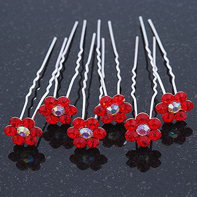 Bridal/Wedding/Prom/Party Set Of 6 Red Austrian Crystal Daisy Flower Hair Pins In Silver Tone