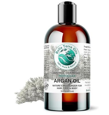 Bella Terra Oils - Argan Oil 16 oz - Cold-Pressed &amp; Authentic, Hailing from Morocco&#39;s Argan Forests, Ideal Body &amp; Face Oil, Keeps Frizz at Bay