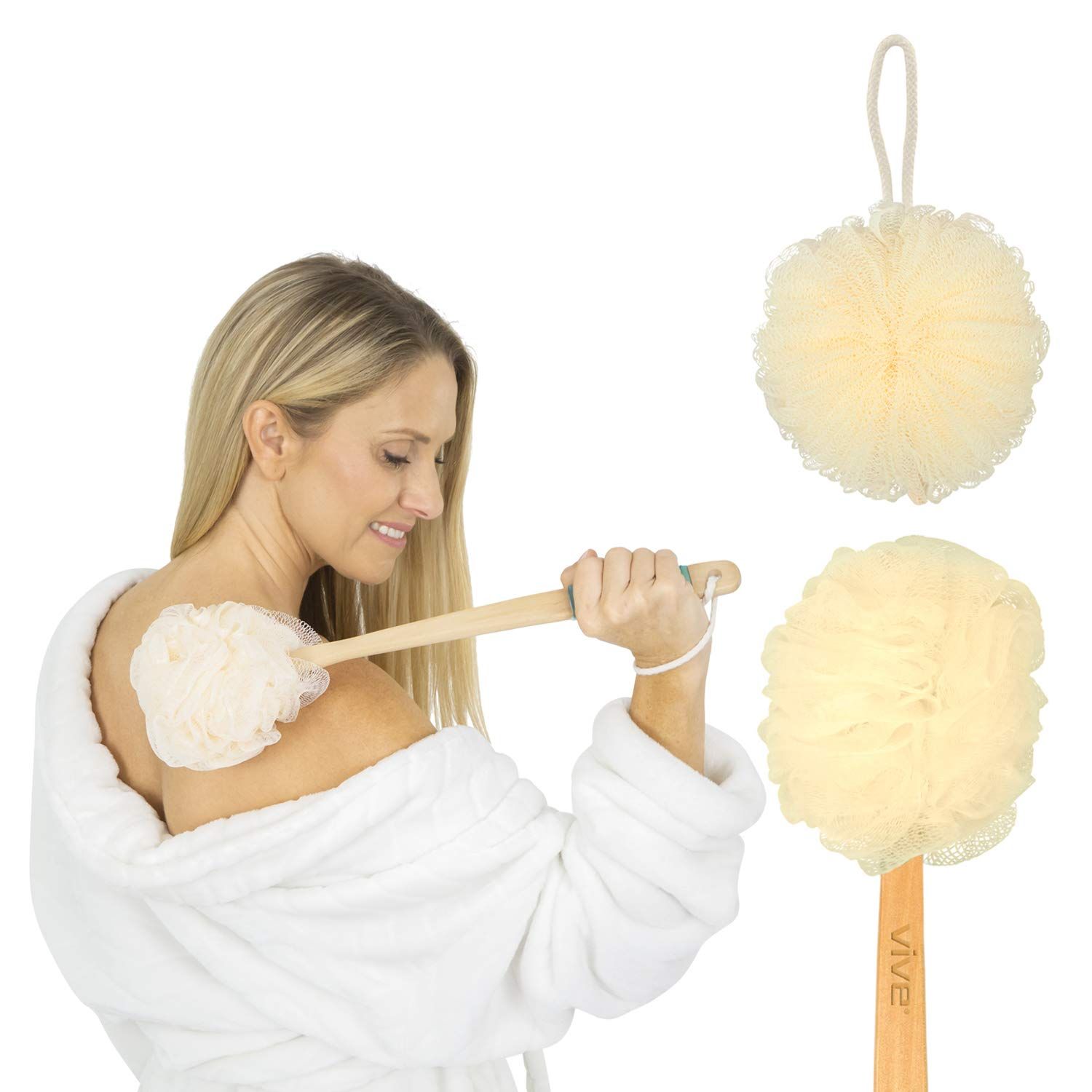 Vive 17 Shower Loofah with Long Handle - Exfoliating Back &amp; Body Scrubber for Men &amp; Women - Luffa Sponge on a Stick for Bathing, Cleaning - Includes Extra Handheld Lufa, Hook &amp; String to Hang on Wall