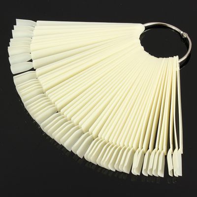 yueton 2 Sets 100 Tips Fan Shape White and Transparent Plastic Nail Art Tips Display Polish Board Display Practice Sticks with Metal Split Ring Holder