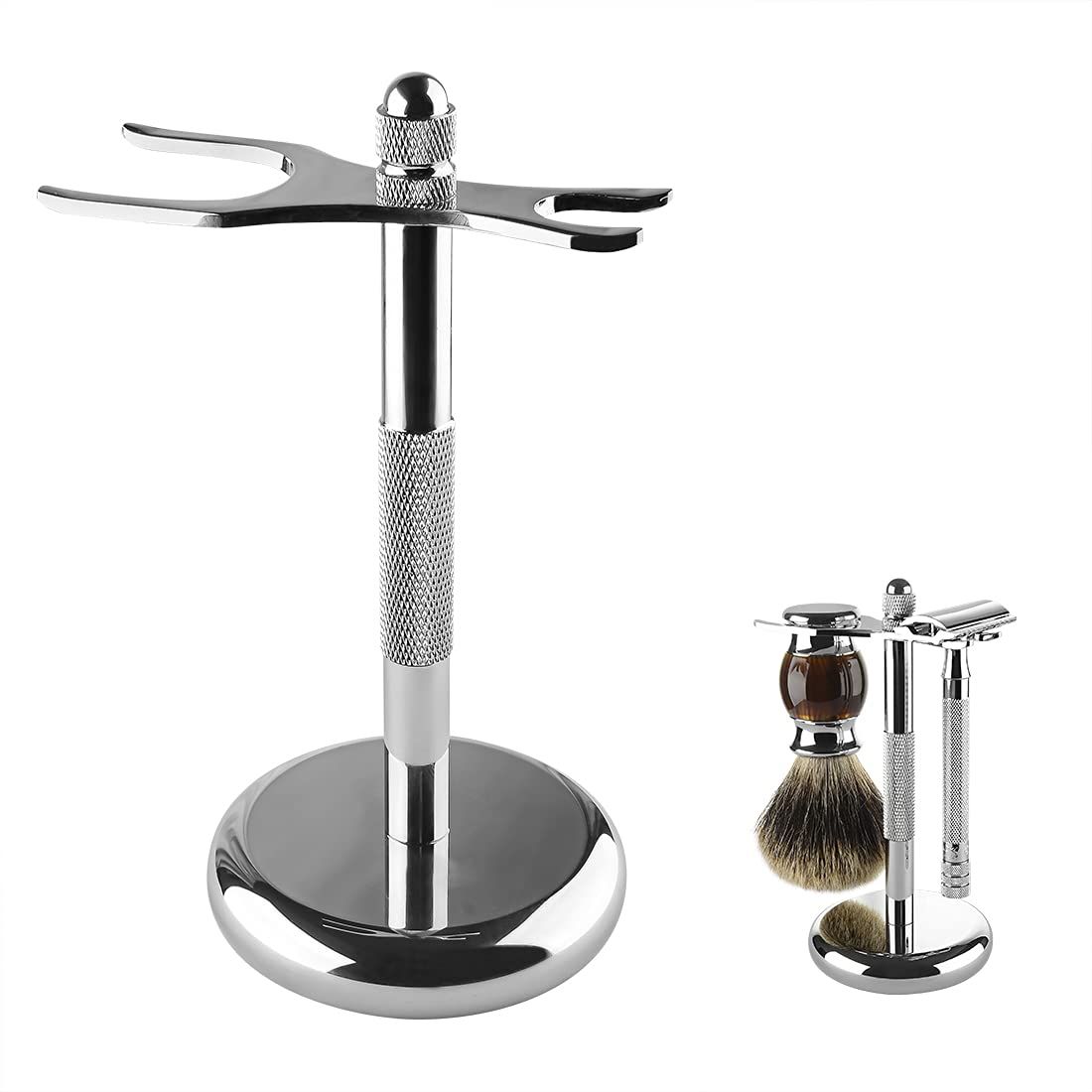 Linkidea Razor and Brush Stand Holder, Deluxe Men&#39;s Stainless Steel Shaving Brush Hanger Base, Shaver Kit Organizer for Bathroom Shower Compatible with Fusion 5 ProShield (Silver)