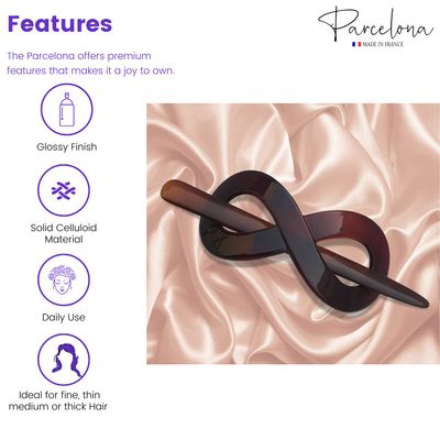 Parcelona French Infinity Brown Tortoise Shell Hair Slider Pin Thru Barrette Clip with Stick for Fine Hair Women and Girls