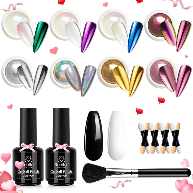 Beetles Metallic Chrome Nail Powder Kit Black White Colors Gel Polish Mirror Effect Holographic Metallic Nail Polish Chrome Manicure Art Decoration Glitter Nail Powder Valentine's Day Gifts for Women