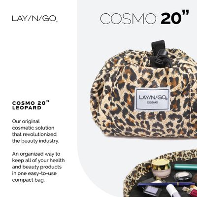Lay-n-Go Cosmo Drawstring Cosmetic &amp; Makeup Bag Organizer - Portable Drawstring Makeup Bag w/Zipper Pocket, Makeup Loops &amp; More - Durable, Machine Washable Makeup Bag for Travel (20, Leopard)