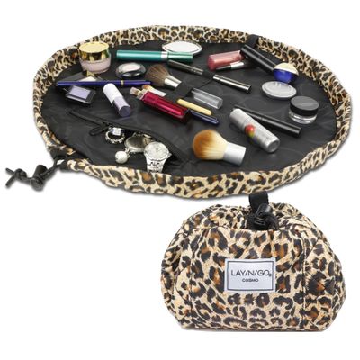 Lay-n-Go Cosmo Drawstring Cosmetic &amp; Makeup Bag Organizer - Portable Drawstring Makeup Bag w/Zipper Pocket, Makeup Loops &amp; More - Durable, Machine Washable Makeup Bag for Travel (20, Leopard)