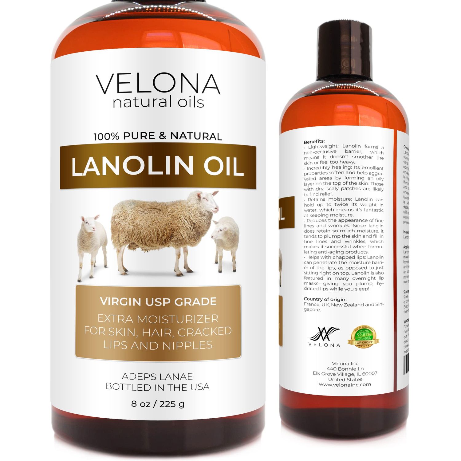 velona Lanolin Oil USP Grade 8 fl oz | 100% Pure and Natural Carrier Oil | Refined, Cold pressed | Skin, Hair, Body &amp; Face Moisturizing | Use Today - Enjoy Results