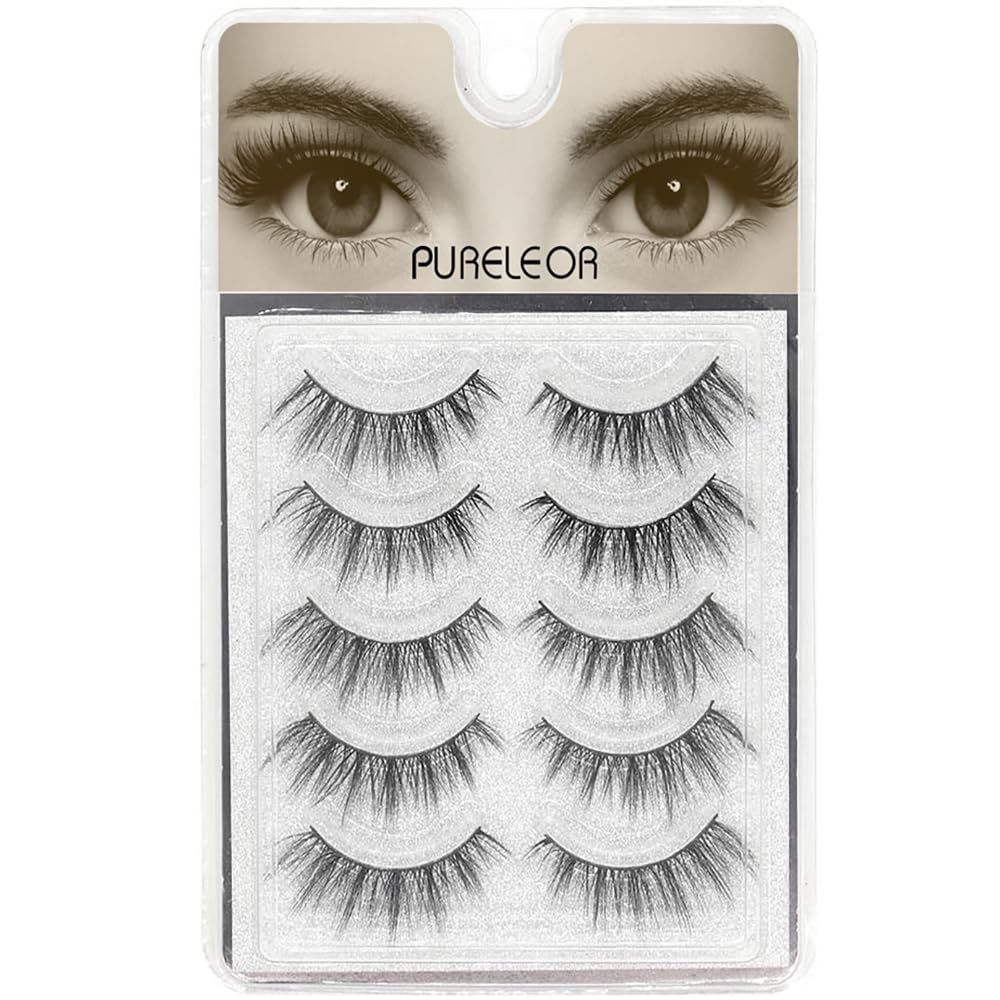 PURELEOR Natural Look Eyelashes 3D Mink Cat Eye Lash Wispies 15mm Manga Lashes 5 Pairs Soft Reusable False Eyelashes Lightweight, No Glue Included