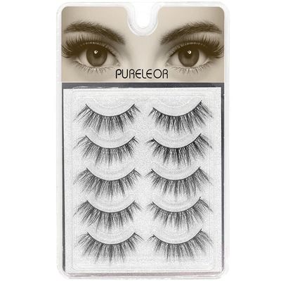 PURELEOR Natural Look Eyelashes 3D Mink Cat Eye Lash Wispies 15mm Manga Lashes 5 Pairs Soft Reusable False Eyelashes Lightweight, No Glue Included