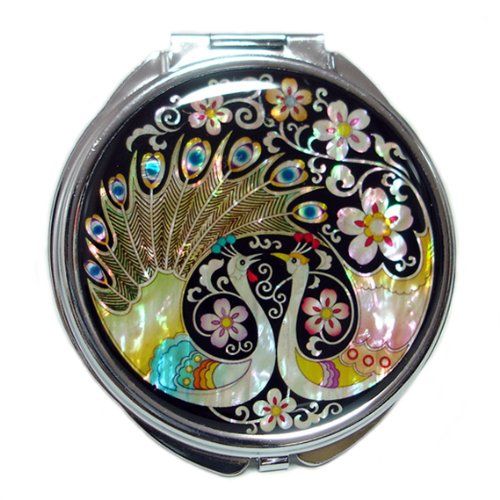 Antique Alive Mother of Pearl Peacock Pair and Flower Design Double Compact Magnifying Purse Mirror