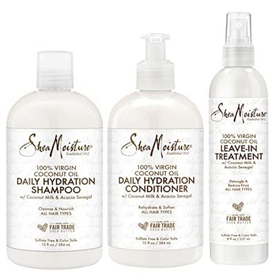 SheaMoisture Shampoo and Conditioner Set, 13 Fl Oz Ea with Leave In Treatment Spray 8 Fl Oz, Daily Hydration 100% Virgin Coconut Oil, Curly Hair Products Bundle, Shea Butter, Coconut Milk
