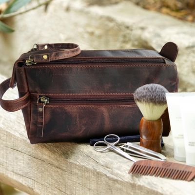 RUSTIC TOWN Leather Toiletry Bag for Men - Hygiene Organizer Travel Dopp Kit (Walnut Brown)