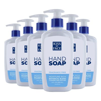 Kiss My Face Fragrance Free Liquid Hand Soap, Vegan and Cruelty Free Hand Wash Soap, 9 Fl Oz Bottle with Pump Dispenser, Fragrance Free, 6 Pack