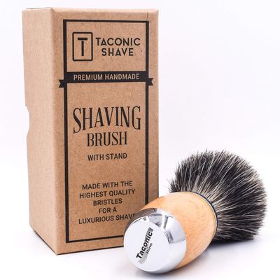 Taconic Shave's 100% Mixed Badger Luxury Shaving Brush - Deluxe Beechwood and Chrome Handle - Shaving Stand Included